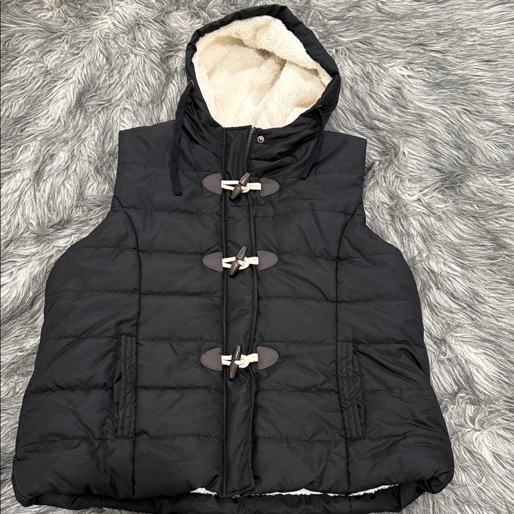 Black Hooded Puffer Vest with Toggle Closures
